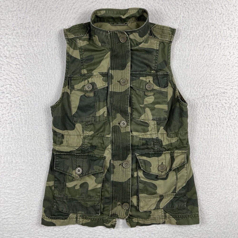 Abercrombie & Fitch Utility Vest Women Small Green Camo Military Full Zip Cotton